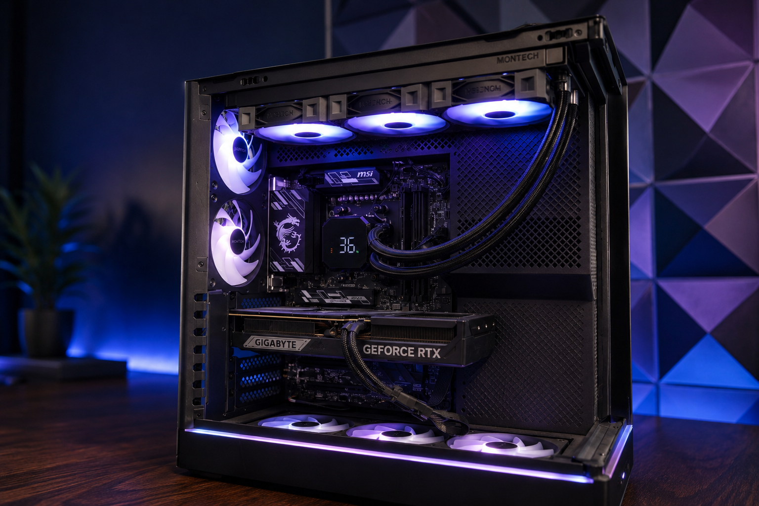 Showcase photo of a black Montech custom gaming PC with blue and purple RGB lighting.