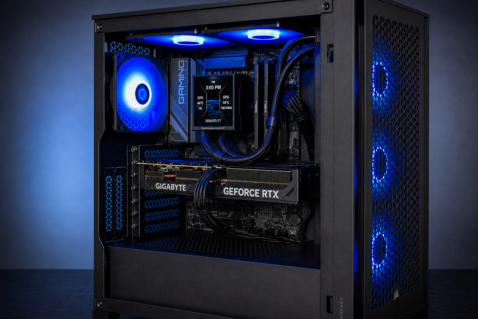 JJ's completed 1440p gaming PC with blue RGB lighting and a Peerless Vision liquid cooler in a Corsair 4000D Airflow case.